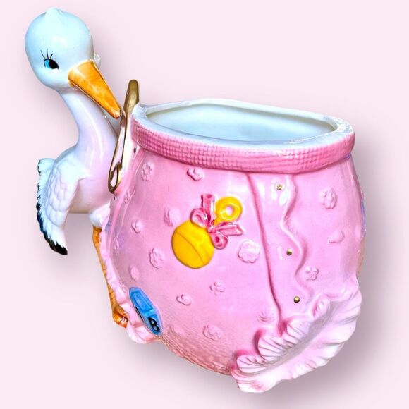 Lefton Stork Planter Pink Baby Bloomers 1960s - Picture 2 of 12